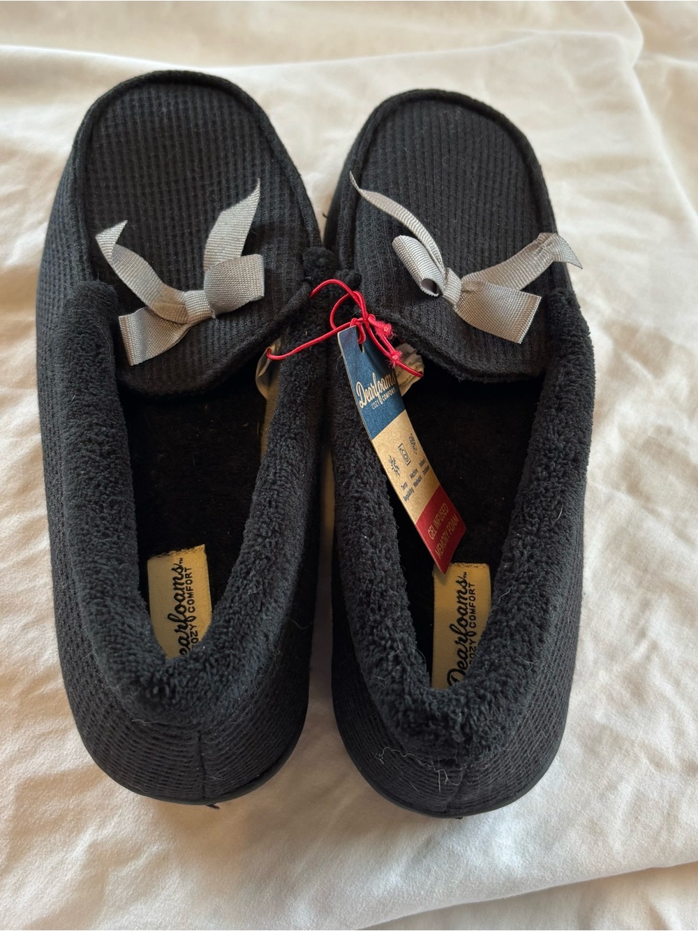 Dearfoams Black Slip-On Slippers with Gray Bow Accent